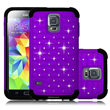 Galaxy S5 Case, Venoro Diamond Studded Bling Crystal Rhinestone Dual Layer Hybrid Cover Silicone Rubber Hard Case for Samsung Galaxy S5 I9600 (Verizon, AT&T Sprint, T-mobile) (Purple)