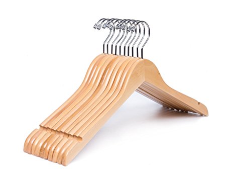 Amber Home Solid Gugertree Wood Shirt and Dress Hangers Natural Color Smooth Finish with Chrome Hook 10 Pack