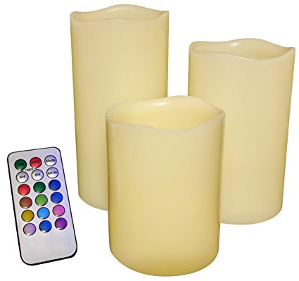 LED Flameless Flickering Color Changing Candles with Remote Control- Set of 3, Pillar Style, Ivory Color, Real Dripless Paraffin Wax, 3", 4", 5" Sizes Great for Home Decor or Mood Lighting