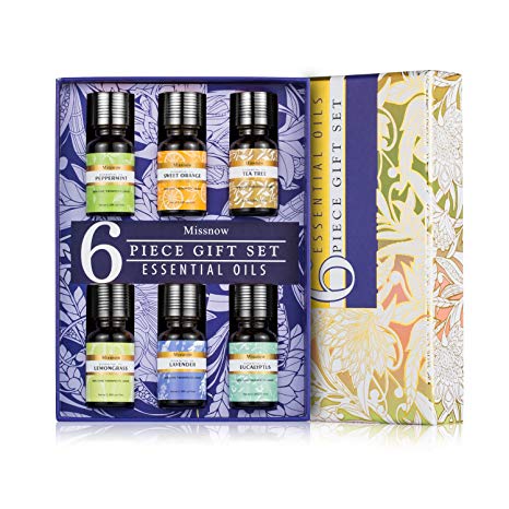 Missnow Essential Oils, Top 6 Therapeutic Grade Essential Oil Set (Peppermint, Lavender, Orange, Lemongrass, Eucalyptus & Tea Tree)