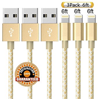 Suanna Lightning Cable, 3Pack 6FT Certified Nylon Braided Cord iPhone Cable Certified to USB Charging Cable for iPhone 7, 7 Plus, 6S, 6 , SE, 5S, 5, iPad Air/Mini, iPod Nano 7 (Gold)