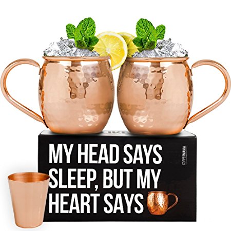 Copper Moscow Mule Set (16 oz) Includes 100% Copper Moscow Mule Mugs with Food-Safe Lacquer Interior, 3 Coasters, and Copper Shot Glass - best quality guaranteed