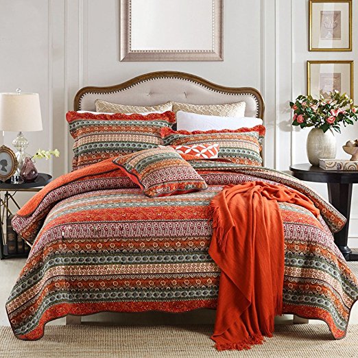 NEWLAKE Striped Classical Cotton 3-Piece Patchwork Bedspread Quilt Sets, King Size