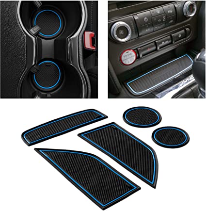 CupHolderHero for Ford Mustang Accessories 2015-2022 Premium Custom Interior Non-Slip Anti Dust Cup Holder Inserts, Center Console Liner Mats, Door Pocket Liners 5-pc Set (Blue Trim)