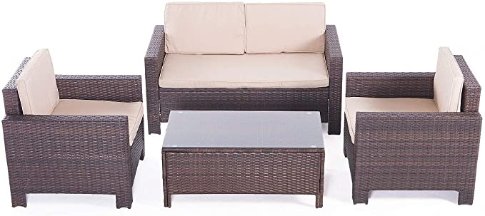 UFI 4pcs Patio Furniture Sets All Weather Indoor Outdoor Conversation Set Rattan Wicker Sofa with Cushion and Cafe Table Garden Yard Poolside Balcony RTA Furniture(Brown)