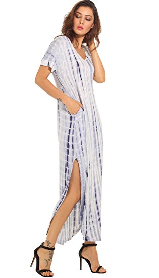 GRECERELLE Women's Casual Maxi Short Sleeve Split Tie Dye Long Dress