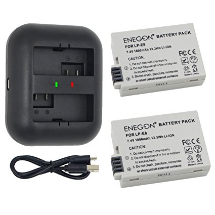 ENEGON Replacement Battery (2-Pack) and Rapid Dual Charger for Canon LP-E8 and Canon EOS Rebel T2i, T3i, T4i, T5i, EOS 550D, 600D, 650D, 700D, Kiss X4,X5,X6,LC-E8E...(100% Compatible with Original)