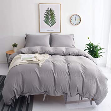 M&Meagle Duvet Cover Grey,Solid Color Bowknot Design,100% Microfiber Treated by Washed Cotton Process,Feels Like a Very Soft Cotton-Queen Size(3Pcs,1 Duvet Cover 2 Pillowcases)