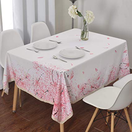 Wewoch Decorative Cherry Blossom Floral Print Polyester Rectangle Tablecloth Waterproof Fabric Lace Table Cloth, Table Cover for Dining Room and Party (60x84­-Inch)