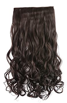 OneDor 20" Curly 3/4 Full Head Synthetic Hair Extensions Clip On/in Hairpieces 140g 5 Clips (6#- Medium Chestnut Brown)