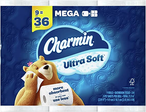 Charmin Ultra Soft Toilet Paper, 9 Mega Rolls = 36 Regular Rolls, 9 Count