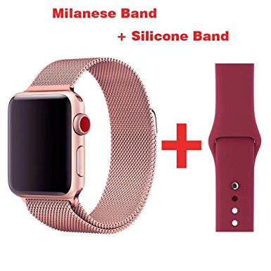 Greatou Band for Apple Watch Series 1 / 2 / 3,Milanese Mesh Stainless Steel Loop Wrist Strap Replacement Band with Adjustable Magnetic Closure & Garnet Red Silicone Band for iwatch,38mm,Rose Gold