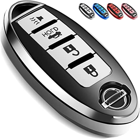 Uxinuo Compatible with Nissan Key Fob Cover Case for Nissan Altima Maxima Armada Murano Gt-r Sentra Rogue Pathfinder Smart Remote 4 Buttons, Premium Soft TPU Full Protection Key Cover, Silver