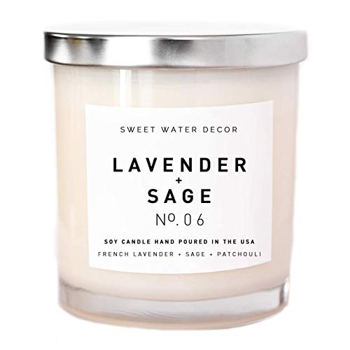 Lavender and Sage Natural Soy Wax Candle White Jar | Lime Fern Leaves Dill Moss Musk Pine Patchouli Ginger Spa Scented Country Modern Rustic Decor Lead Free Cotton Wick Housewarming Gift Made in USA