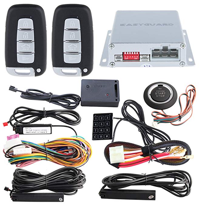 EASYGUARD EC002-K-NS intelligent car alarm kit with passive keyless entry automatically lock unlock car door remote start push start and touch password entry shock sensor