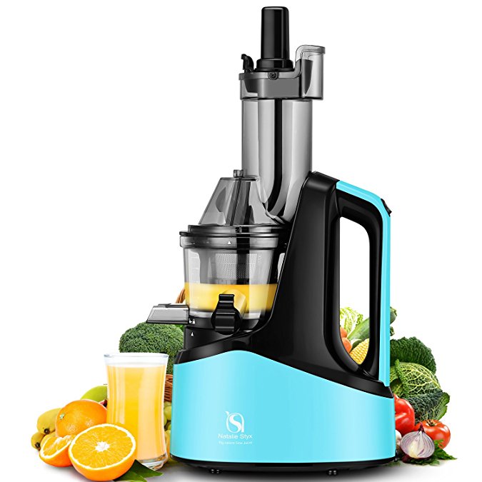 Natalie Styx Juicer Slow Masticating Juicer Extractor, 3" Wide Chute Anti-Oxidation Cold Press Juicer , 240W AC Motor, with Juice Jug and Brush, High Nutrient Fruit and Vegetable Juice, Blue