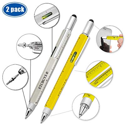 Screwdriver Pen Pocket Multi-Tool 6 in 1 – Multi-Functional & Sturdy Aluminum DIY Tool, with Screwdriver, Stylus, Bubble Level, Ruler & Phillips Flathead Bit, Unique Gift Idea 2 (Yellow, Silver)