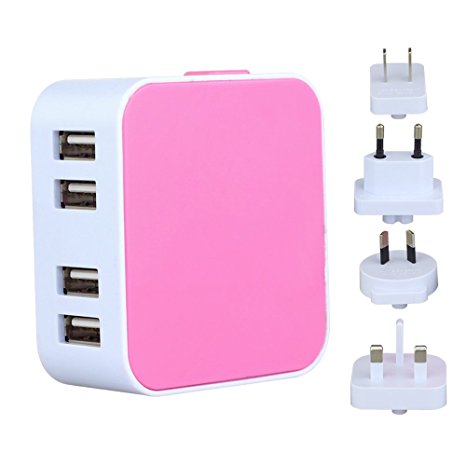 WONPLUG 21W 4.2A 4-Port USB Wall Charger with International Travel Adapter for Apple iPhone iPad Samsung Smartphone Tablet