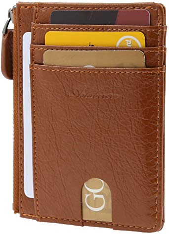 AslabCrew Minimalist Leather Zipper RFID Blocking Front Pocket Wallet, Slim Card Wallets