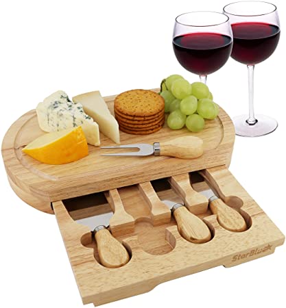 Cheese Board Set by StarBlue - with 4 Knives and Slide Out Drawer | Large Oak Wooden Cheese and Platter Cutting Serving Plate Tray | Best for Housewarming and Birthday Gift