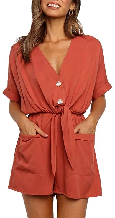 Ivay Womens V Neck Button Rompers Knot Tie Short Sleeve Sexy Loose Playsuit Jumpsuit with Pockets