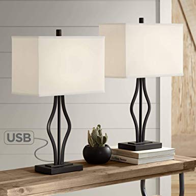 Ally Modern Table Lamps Set of 2 with USB Charging Port Black Rectangular Fabric Shade for Living Room Bedroom Bedside Nightstand Office Family - 360 Lighting