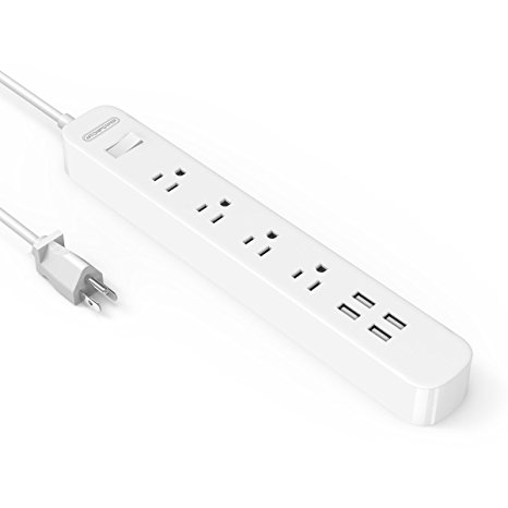 Smart Power Strip with Switch 4 Outlets 4 USB Ports and 5ft Long Extension Power Cord for Cable TV Personal Desk Home Office - White