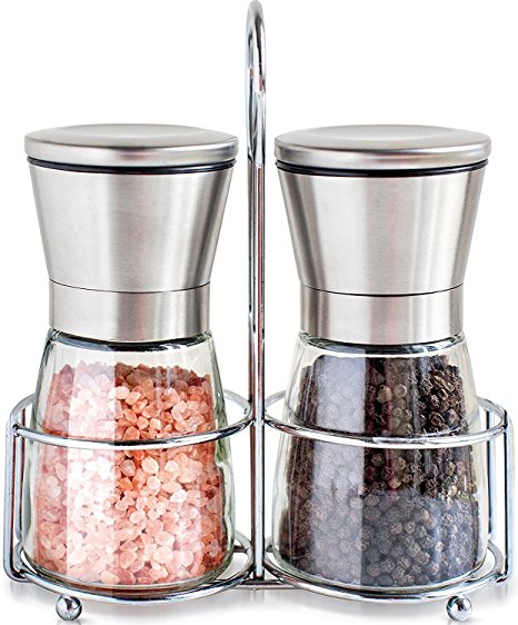Salt and Pepper Grinders Set of 2 with Stand- YTOM Premium Brushed Stainless Steel Pepper Mill and Salt Mill with Adjustable Coarseness