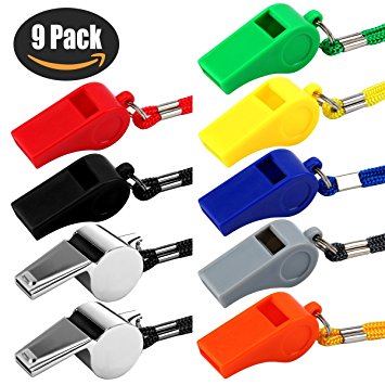 Whistle, KAMOTA 7 Pieces Plastic Coach Whistles & 2 Pieces Metal Referee Whistles Come with Lanyard for Football Coaches Official School Sport Soccer Basketball