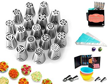 Russian Piping Tips Set with Booklet - 42 Cake Decorating Supplies including 18 Icing Nozzles, 2 Leaf Tips, 2 Couplers, 2 Sphere Balls, 6 Cupcake Liners, 15 Pastry Bags