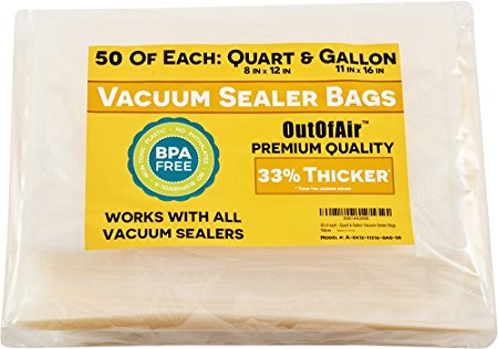 100 Vacuum Sealer Bags: 50 Quart (8" x 12") and 50 Gallon (11" x 16") OutOfAir Vacuum Sealer Bags for Foodsaver and Other Savers. 33% Thicker than Others, BPA Free, FDA Approved, Great for Sous Vide