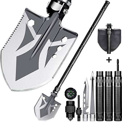 Folding Shovel, BANORES Camping Shovel Lengthened Handle and Larger Thicker Shovelhead Survival Shovel Multitool with Storage Pouch for Camping, Hiking, Backpacking, Fishing, Emergency