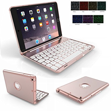 iPad Mini 1/2/3 Keyboard Case,Genjia Portable Carrying Aluminum Holder Wireless Bluetooth Keyboard Hard Case with Backlit Ultra-thin Folio Cover Flip Smartshell for iPad Mini 1,2,3 7.9 inch-Rose Gold