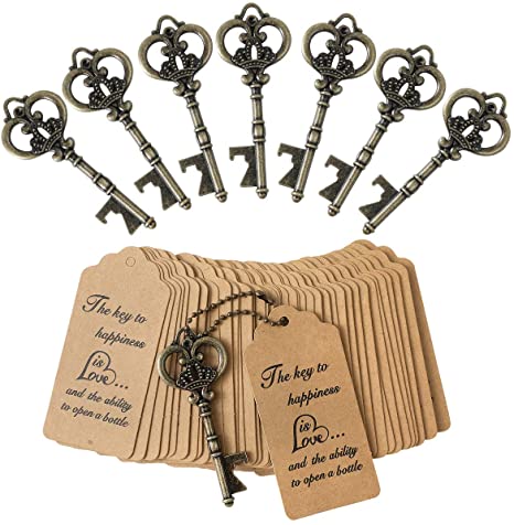 DerBlue 60 PCS Key Bottle Openers,Vintage Skeleton Key Bottle Opener, Wedding Favors Key Bottle Opener Rustic Decoration with Escort Tag Card