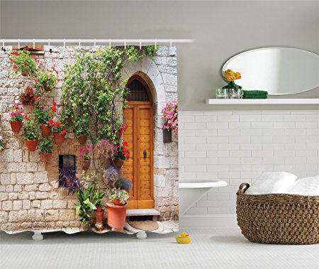 Ambesonne Tuscan Decor Collection, Begonia Blooming in Box and Wooden Shutters on Brick Wall in Italy Picture, Polyester Fabric Bathroom Shower Curtain Set with Hooks, Red Purple Ivory