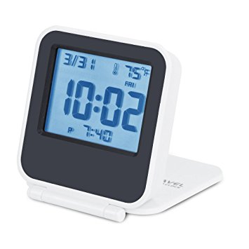 Egundo Small Digital Alarm Travel Clocks Folding Nightlight LCD Screen Display Day Date Temperature Alarm Repeating Snooze Portable White Clock for Kids Heavy Sleepers Battery Included