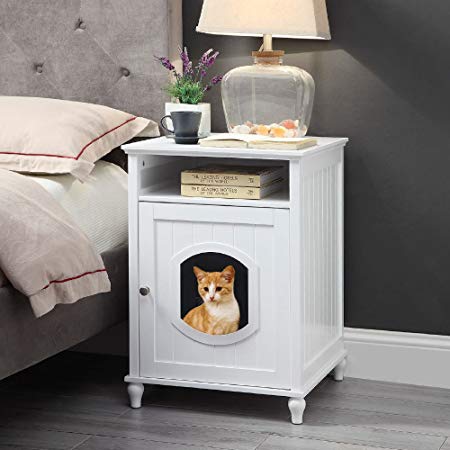 UniPaws - Designer Cat Washroom Night Stand | Litter Box Cover | Sturdy Wooden Structure | Additional Storage | Easy Assembly | Side Table | Fit Most of Litter Box (White/Espresso)