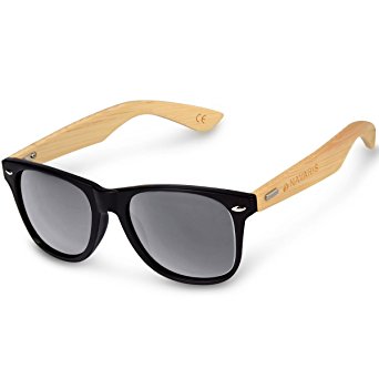 Navaris Wayfarer UV400 Bamboo Sunglasses - Unisex Retro Wooden Optics Glasses - Classic Wood Shades Women Men - Eyewear with Case Polarized Lenses