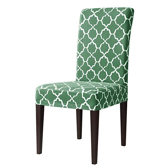 Subrtex Stretch Dining Chair Slipcovers Printed Dining Chair Protector, Removable Washable Short Dining Elastic Parsons Chair Seat Covers for Dining Room Kitchen (Dark Green, 2PC)