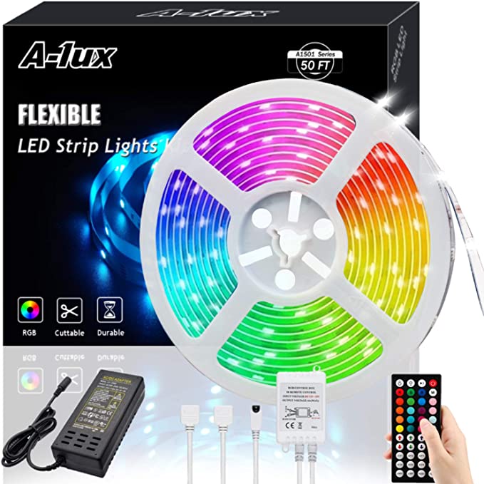 50ft RGB LED Strip Lights Kit, A-1ux 15M Flexible Color Changing LED Light Strips with DC24V Power Supply 44Key IR Remote Controller, Decor for Bedroom,Party,Bar ,Kitchen
