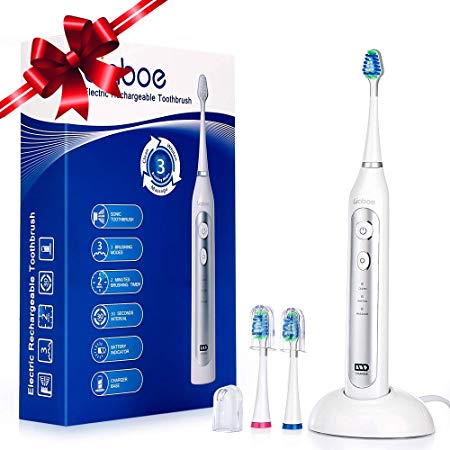 Liaboe Rechargeable Electric Toothbrush Sonic Power Toothbrush with Wireless Charging Base, 3 Brushing Modes, Smart Timer and Reminder, 4 0000 Strokes/Min, 3 Replacement Heads V5731