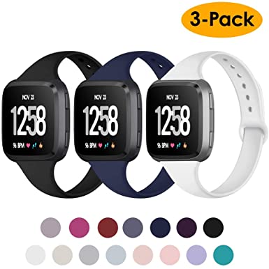 NANW Silicone Bands Compatible with Fitbit Versa/Versa 2 / Versa Lite Edition, Narrow Slim Soft Replacement Wristband Waterproof Accessories Sport Band for Versa Women Men, 3-Pack, Large Small