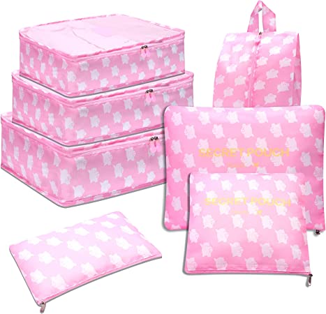 7Pcs Travel Bags Clothes Packing Cube Luggage Organizer with Shoes Bag (Pink pig)
