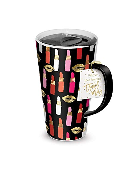 Lady Jane 13oz Spill Proof Ceramic Coffee Travel Mug with Lid Series (Lipstick)