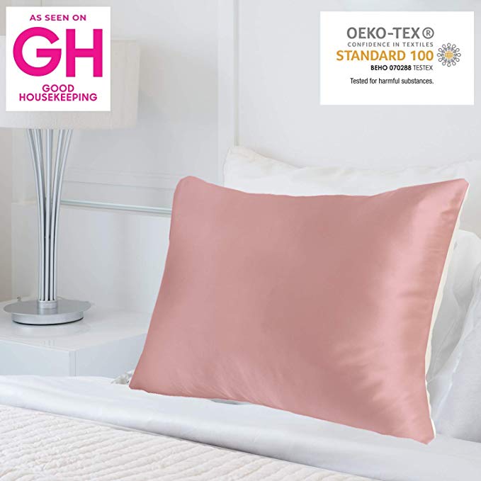 MYK Pure Natural Mulberry Silk Pillowcase, 25 Momme with Cotton Underside for Hair & Skin, Oeko-TEX, Pink, Standard Size…