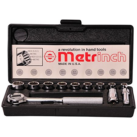 Original Metrinch USA 12pc 3/8 Drive 12 Point Socket & Ratchet Set