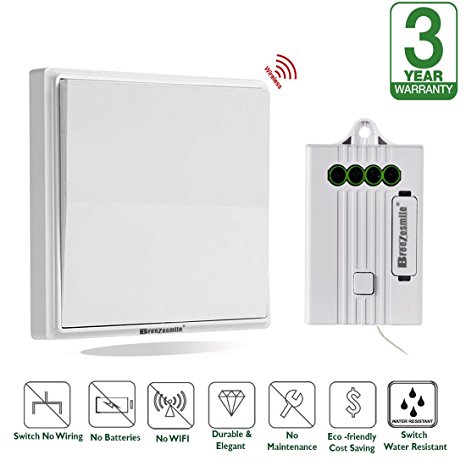 Wireless Lights Switch Kit, No Wiring No Battery No WiFi, Quick Create or Remodel Wall Switch for Lamps Fans Appliances On/ off, Self-Powered Remote Control Switch Pair up with Controller 100-500Feet Remote Control House Lightning Electronics Devices, Easy Installation ( Included Switch and Receiver)