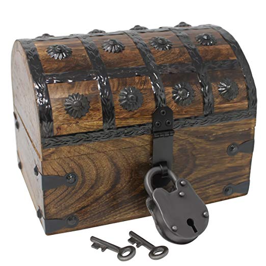 Nautical Cove Pirate Treasure Chest with Iron Lock and Skeleton Key - Storage and Decorative Box (Small 8 x 6 x 6)
