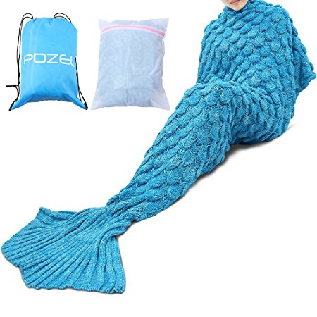 Mermaid Tail Blanket Knitted, 78 Inch Lake Blue Fish Scale Mermaid Tail Sleeping Bag for Adults and Kids by POZEL