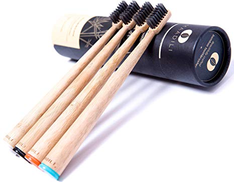 [New] Natural Charcoal Bamboo Toothbrush - Soft Medium Charcoal Bristle - Pack of 4 Toothbrushes - BPA Free Bristles - NO Electric Toothbrush: 100% Eco Friendly - Zero waste